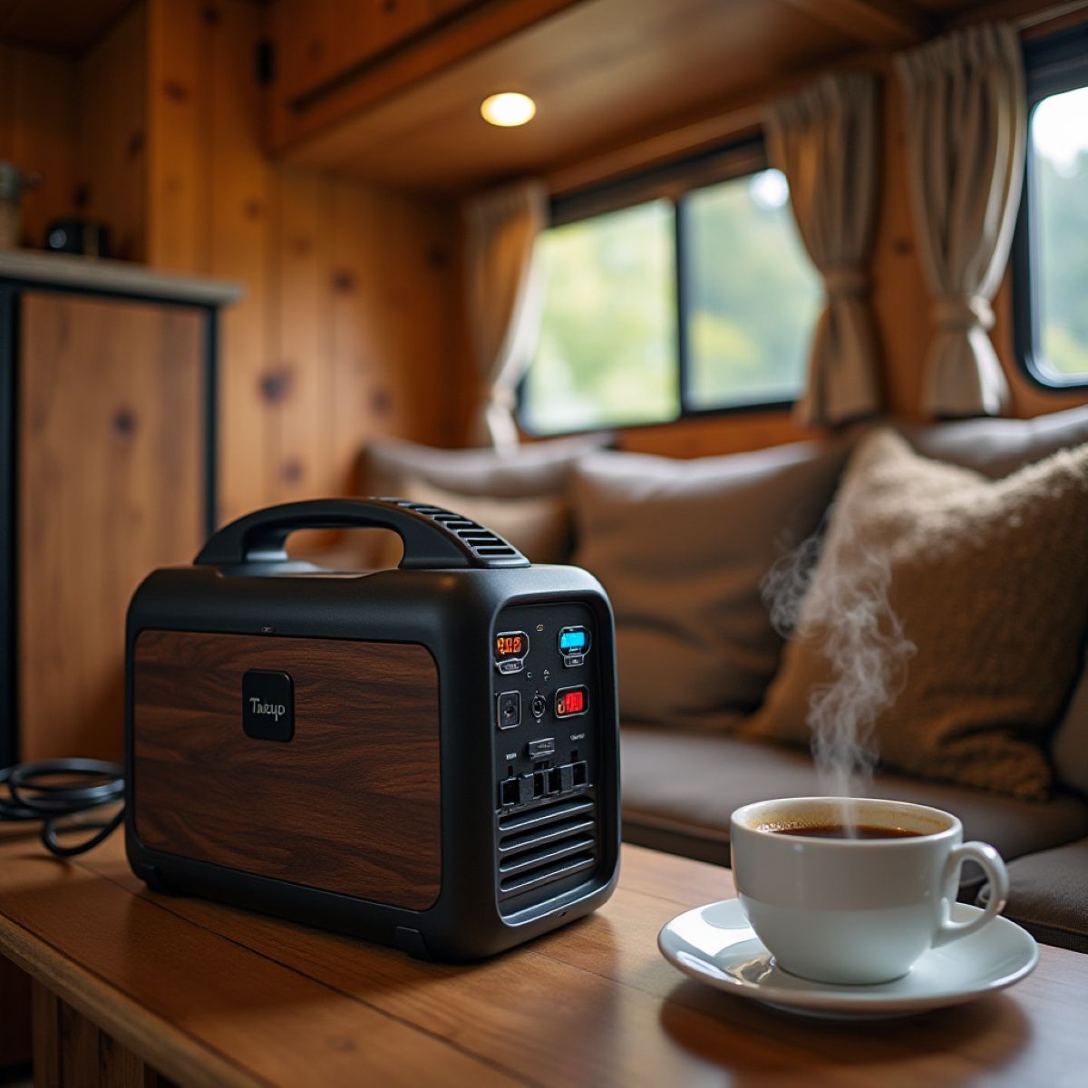 Portable inverter generator beside an RV